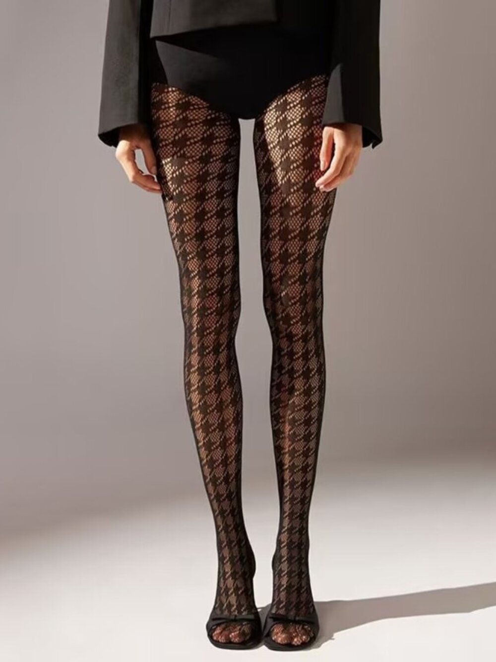 Women's Houndstooth Pattern Mesh Gothic Black Fishnet Tights Pantyhose Stockings